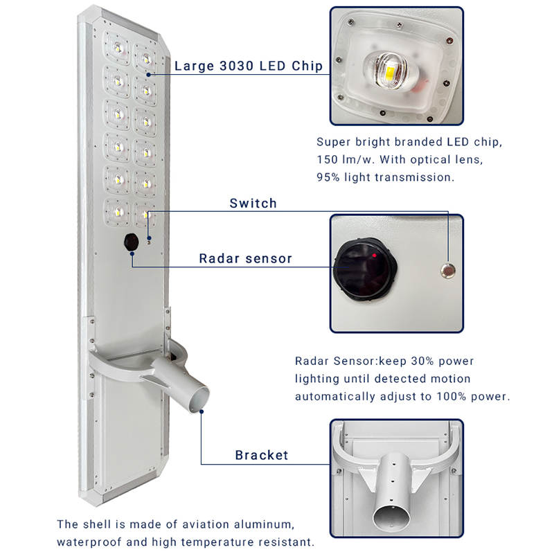 Aluminum Solar Street Lamp 100w 150w 200w 300w All in One Solar Street Light